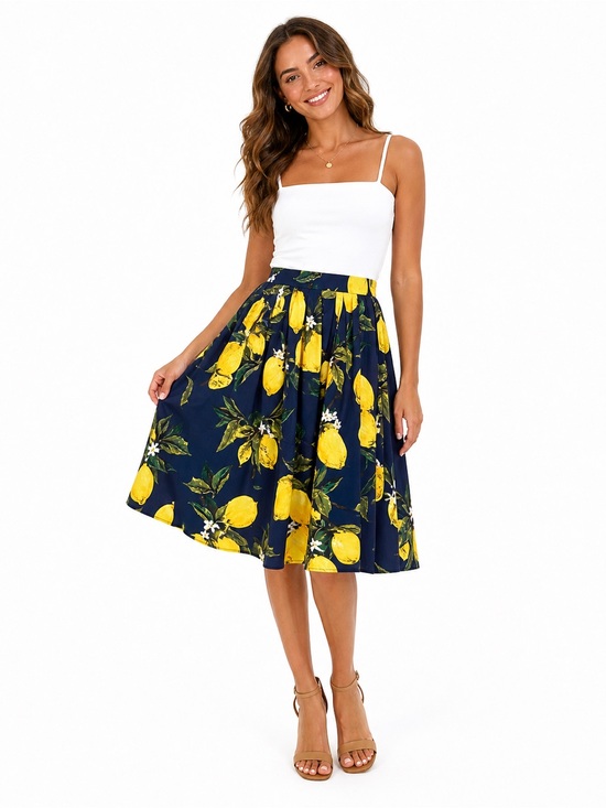 Taydey Dresses & Skirts - Navy Lemon Print A-Line Skirt Sz L Cotton Mediterranean Amalfi Coast Retro 50s